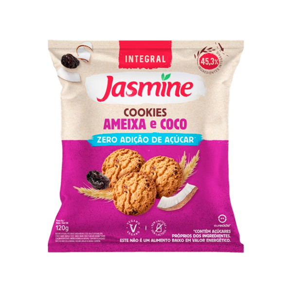 Biscoito Cookie Vegano Integral Ameixa e Coco Zero Açúcar Jasmine Pacote 120g