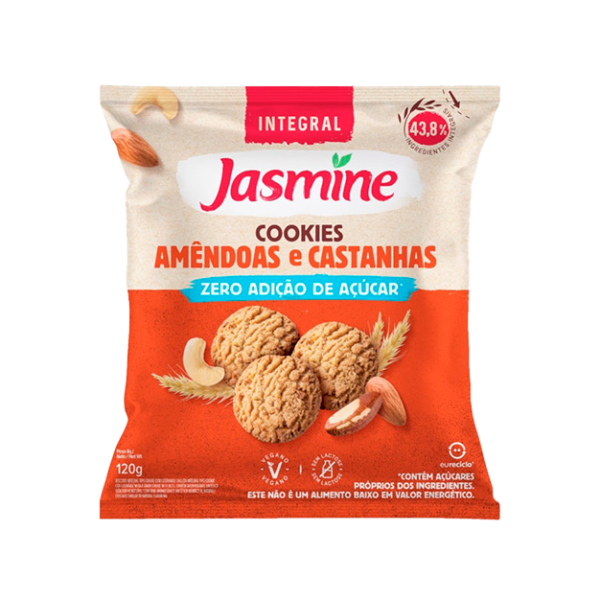 Biscoito Cookie Vegano Integral Amêndoas e Castanhas Zero Açúcar Jasmine Pacote 120g