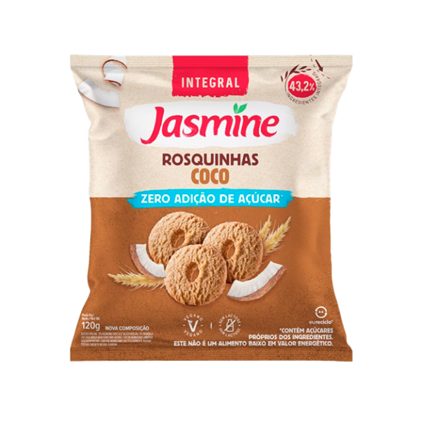 Biscoito Rosquinha Vegano Integral Coco Zero Açúcar Jasmine Pacote 120g