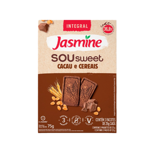 Biscoito Vegano Integral Cacau & Cereais Jasmine Sou Sweet Caixa 75g