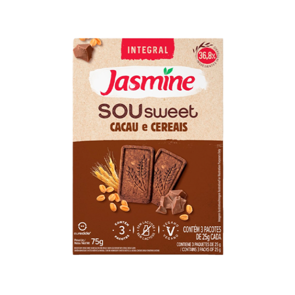 Biscoito Vegano Integral Cacau & Cereais Jasmine Sou Sweet Caixa 75g