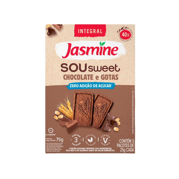 Biscoito Vegano Integral Chocolate & Gotas Zero Açúcar Jasmine Sou Sweet Caixa 75g