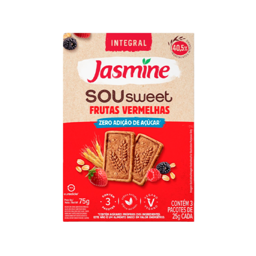Biscoito Vegano Integral Frutas Vermelhas Zero Açúcar Jasmine Sou Sweet Caixa 75g