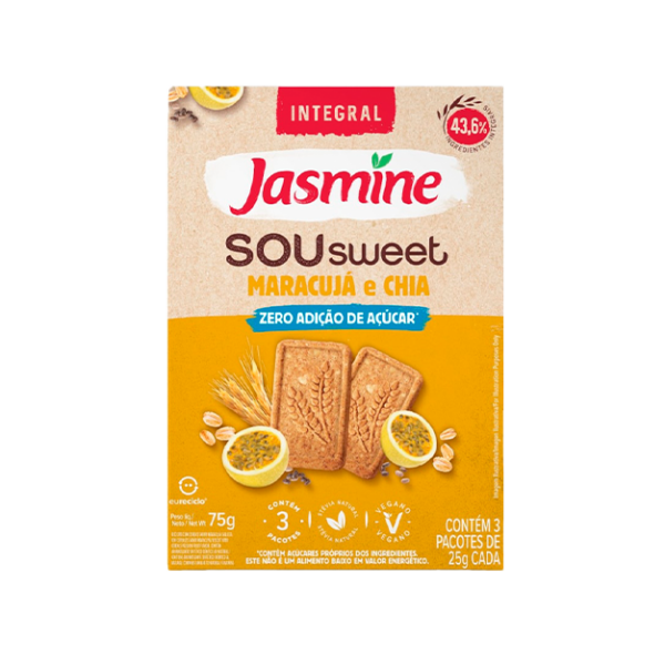 Biscoito Vegano Integral Maracujá & Chia Zero Açúcar Jasmine Sou Sweet Caixa 75g